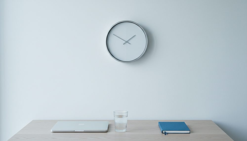 A plain wall clock above a light-wood desk holding a closed laptop and a notebook.