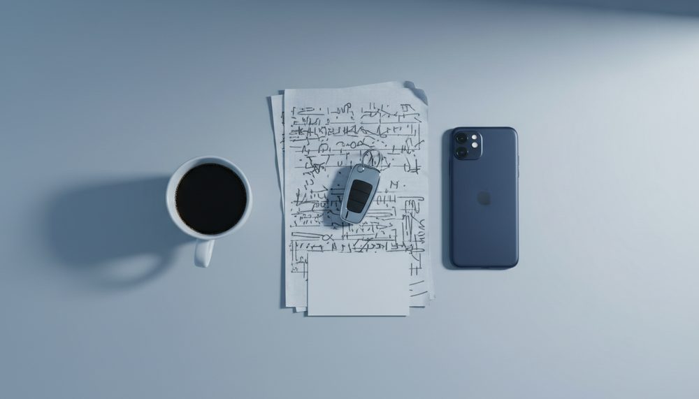 A kitchen counter with car keys, a folded vehicle document, a blank card, a phone face down and a mug of coffee.