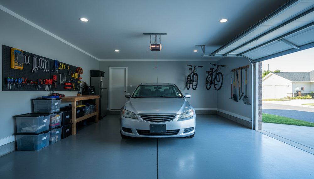 A tidy garage with one car parked and the roll-up door raised halfway to morning street light.