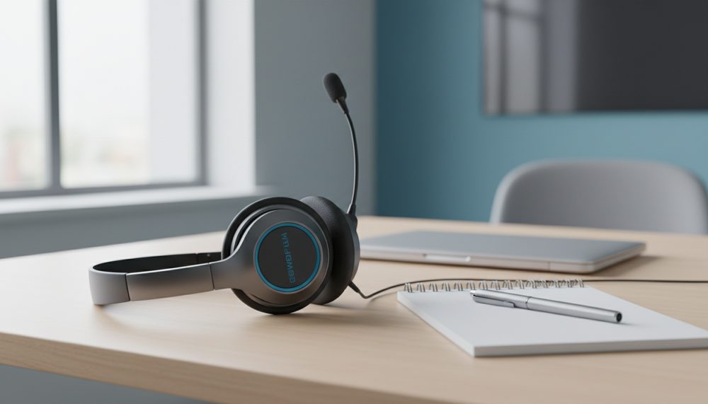 A telephone headset resting on a tidy desk beside a blank notepad and pen.