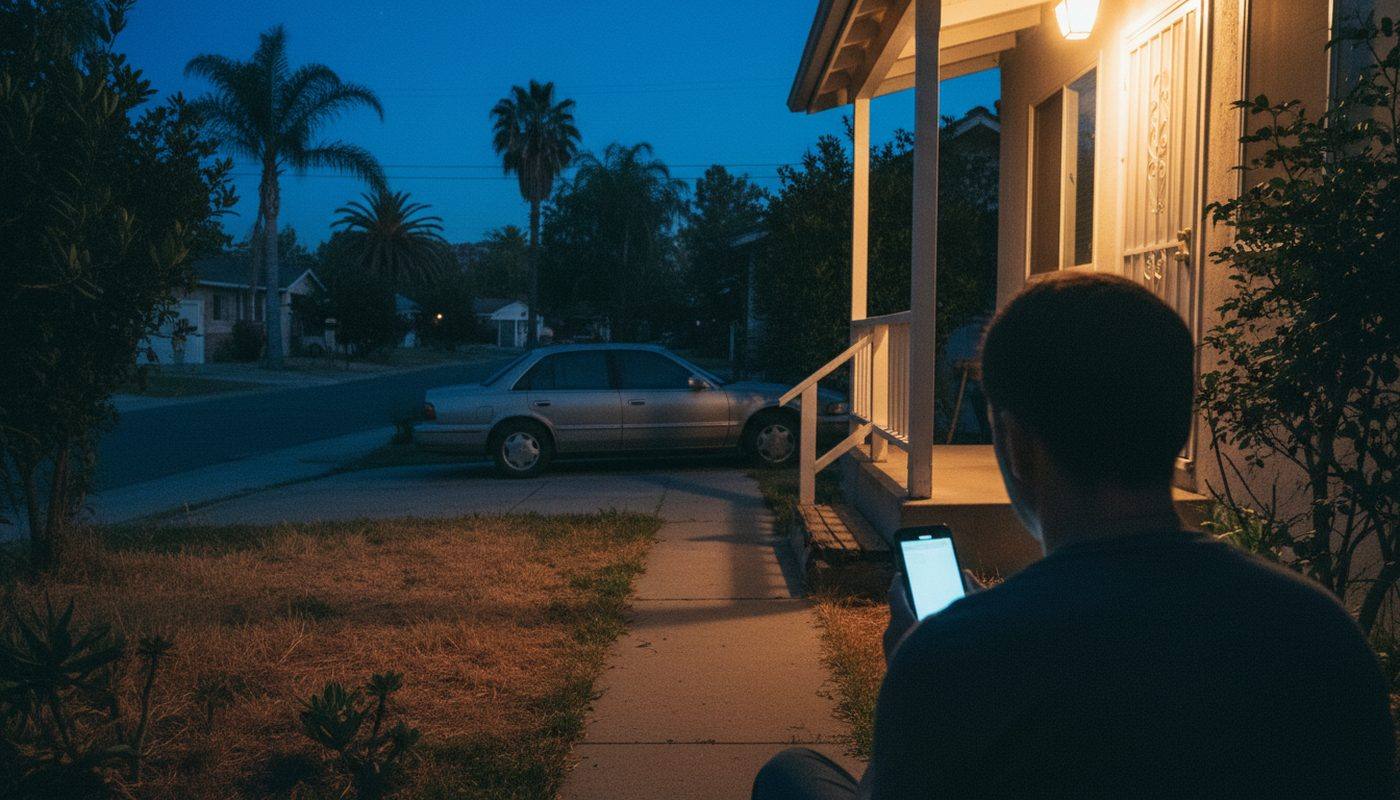 Someone sitting on the front steps of a California house at dusk with a phone in hand and their car in the driveway.