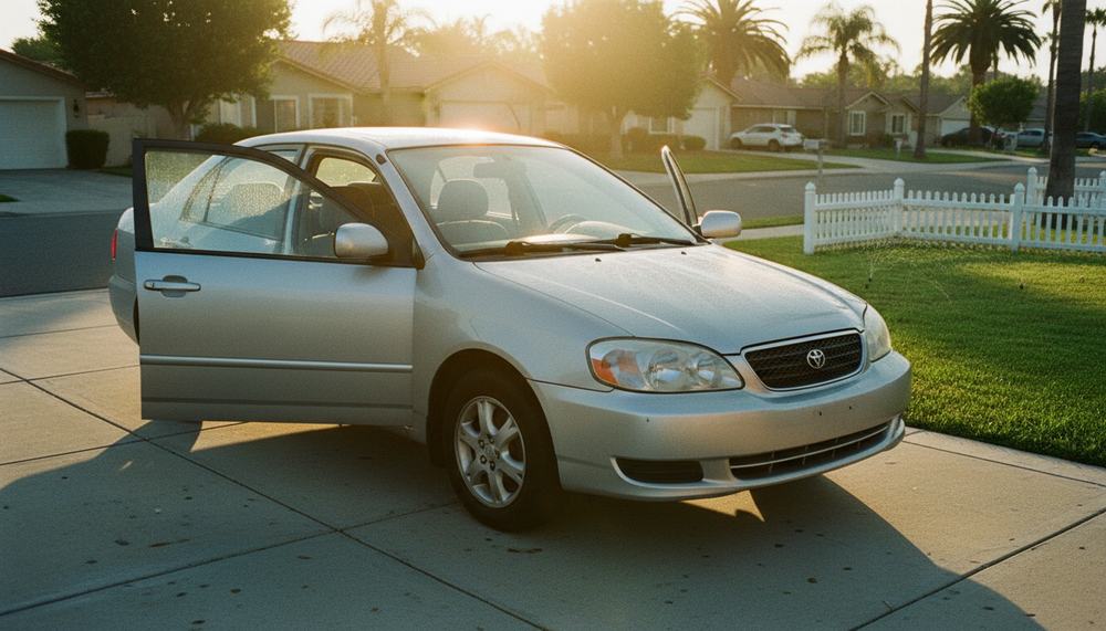 An ordinary car in a driveway at sunrise with the driver's door ajar and keys still in the lock.