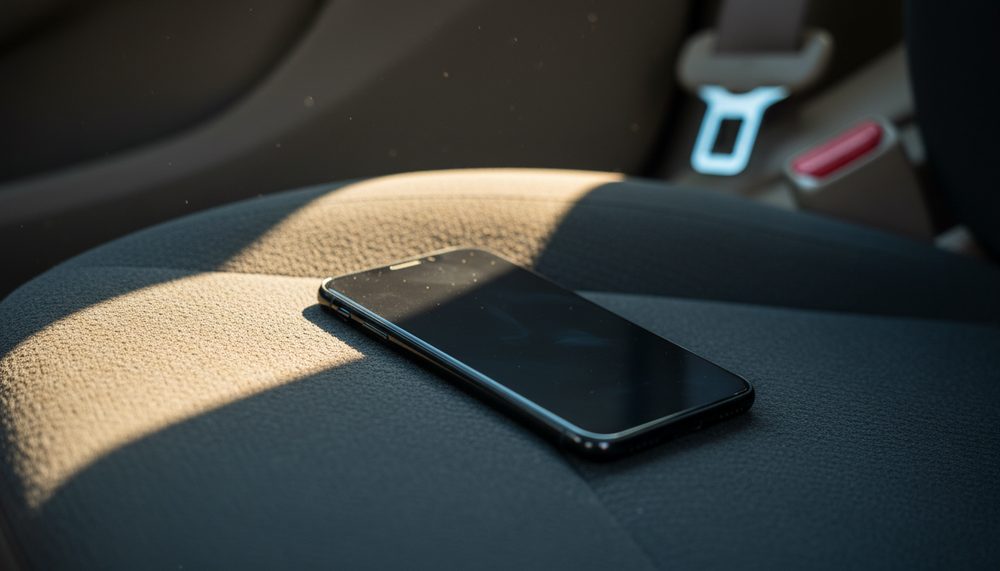A phone lying face down on a car's passenger seat with a bar of afternoon sunlight across it.