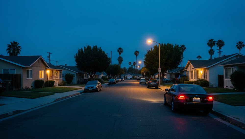 A suburban California street at blue hour with one parked car's lights just switched on.