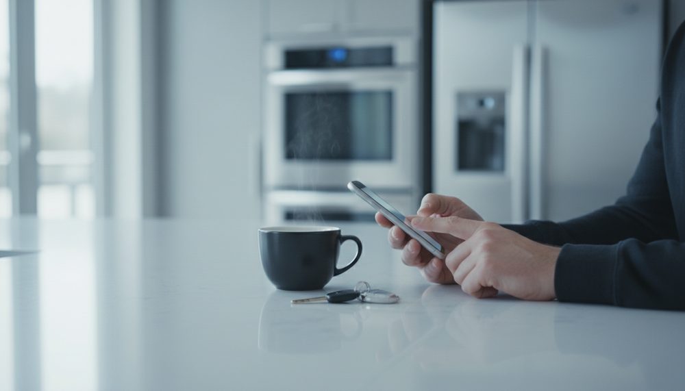 Two hands typing on a phone at a bright kitchen counter beside a coffee cup and a set of car keys.
