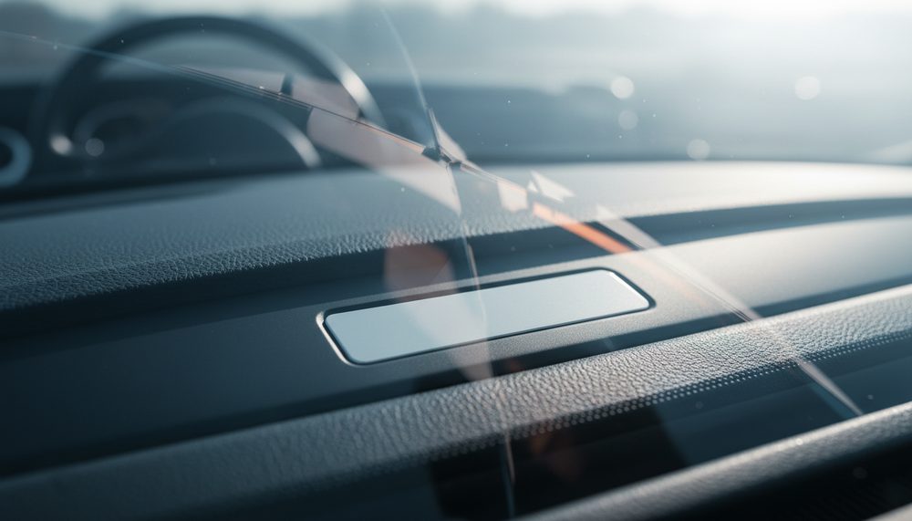 A macro view through a windshield of the small blank identification plate at the base of the dashboard.